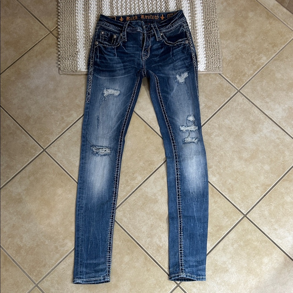 Rock Revival Women's Denim Skinny Jeans with Distressed Accents